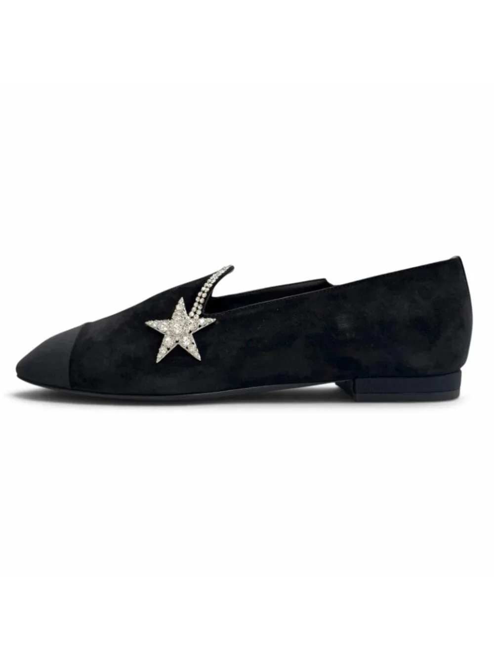 Chanel Star Bijou Rhinestone Suede Leather Flat Shoes Pumps Black
